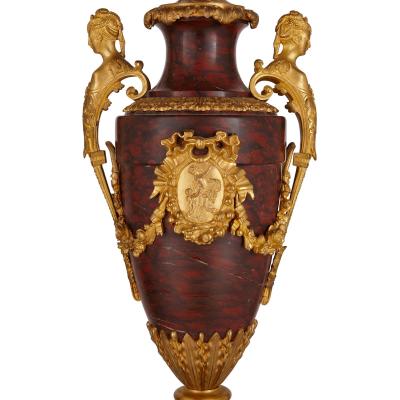 Eugene Aizelin Louis XVI style ormolu and rouge griotte marble clock set