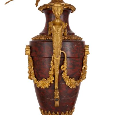 Eugene Aizelin Louis XVI style ormolu and rouge griotte marble clock set