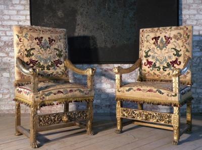 Eugene Grasset Pair of Late 19th Century French Gilt Armchairs by Eugene Grasset