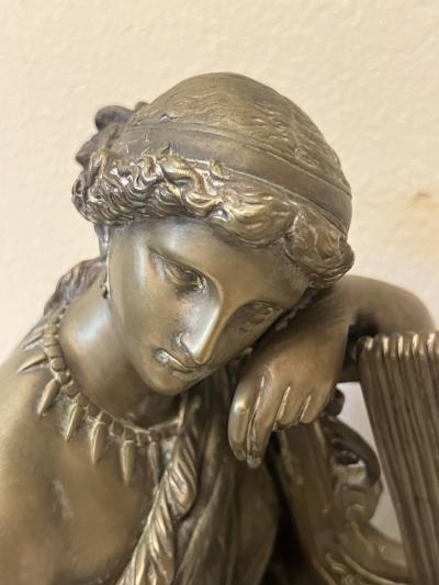 Eugene Laurent CLASSICAL WOMAN IN DRAPED GOWN WITH HARP BRONZE BY EUGENE LAURENT
