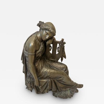 Eugene Laurent CLASSICAL WOMAN IN DRAPED GOWN WITH HARP BRONZE BY EUGENE LAURENT