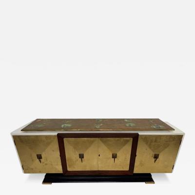 Eugenio Escudero 1950s Hand Painted Gold Leaf Credenza Cabinet Mahogany and Brass Mexico