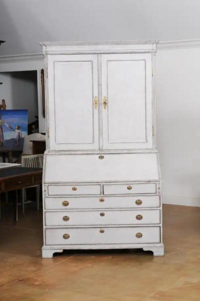 European 1800s Two Part Painted Wood Secretary with Slanted Front Desk