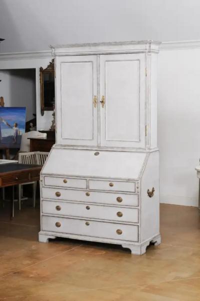 European 1800s Two Part Painted Wood Secretary with Slanted Front Desk