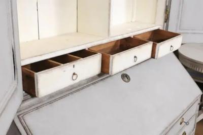 European 1800s Two Part Painted Wood Secretary with Slanted Front Desk