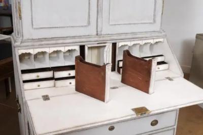 European 1800s Two Part Painted Wood Secretary with Slanted Front Desk