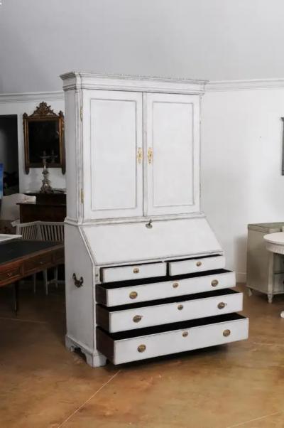 European 1800s Two Part Painted Wood Secretary with Slanted Front Desk