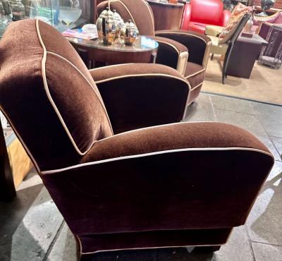 European Art Deco Mohair Leather Glamour Club Chairs Pair Hollywood