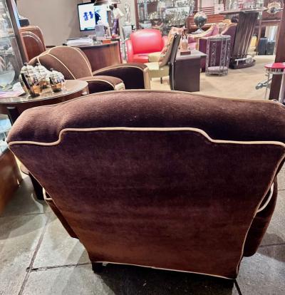 European Art Deco Mohair Leather Glamour Club Chairs Pair Hollywood