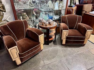 European Art Deco Mohair Leather Glamour Club Chairs Pair Hollywood