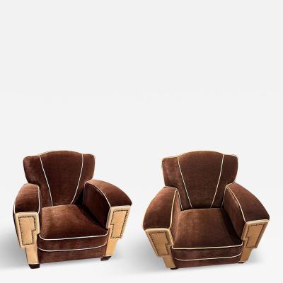 European Art Deco Mohair Leather Glamour Club Chairs Pair Hollywood