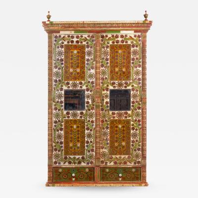 European Bohemian Antique Folk Art Floral Painted Armoire Wardrobe Cabinet