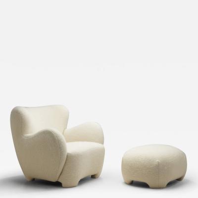 European Cabinetmaker Upholstered Lounge Chair with Ottoman Europe ca 1940s