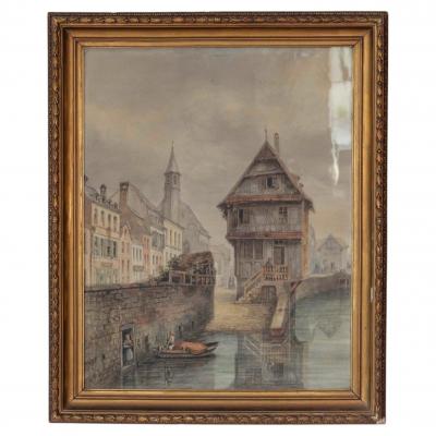 European Canal Townscape with Half Timbered Architecture Oil Painting