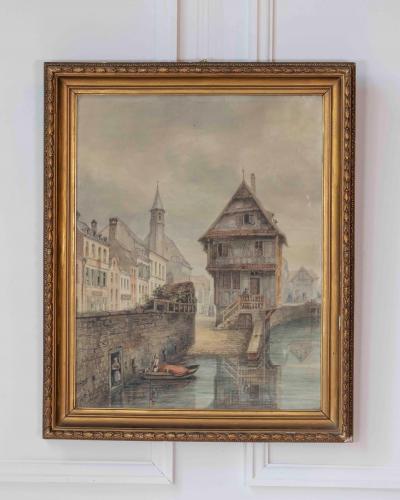European Canal Townscape with Half Timbered Architecture Oil Painting
