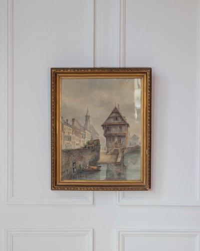 European Canal Townscape with Half Timbered Architecture Oil Painting