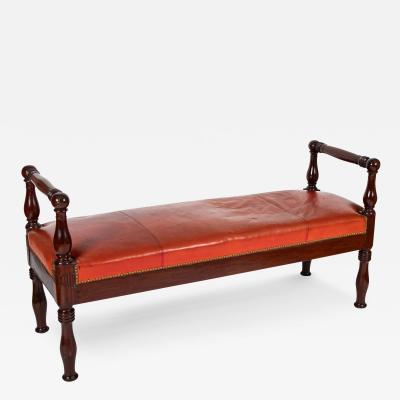 European Mahogany Window Bench with Leather Upholstered Seat