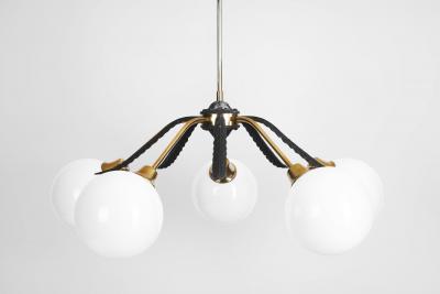 European Mid Century Modern Brass Ceiling Lamp with Leaf Motif Europe ca 1950s