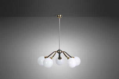 European Mid Century Modern Brass Ceiling Lamp with Leaf Motif Europe ca 1950s