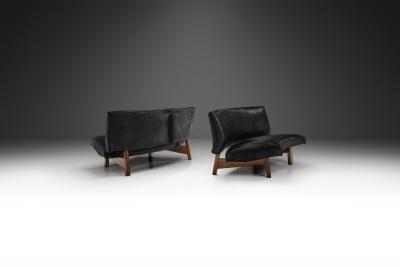 European Mid Century Two Part Sofa in Black Cow Hide Europe ca 1950s