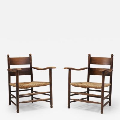 European Modernist Oak and Straw Armchairs Europe 1960s