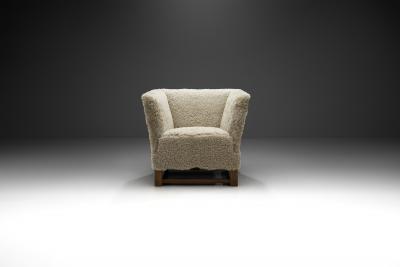 European Oak Panelled Box Chair in Sheepskin Europe 1940s