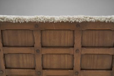 European Oak Panelled Box Chair in Sheepskin Europe 1940s