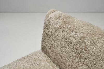 European Oak Panelled Box Chair in Sheepskin Europe 1940s