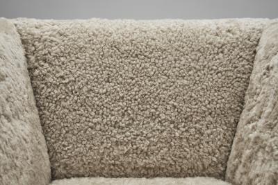 European Oak Panelled Box Chair in Sheepskin Europe 1940s