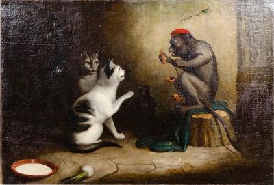 European Oil On Canvas Of A Monkey And A Cat Playing