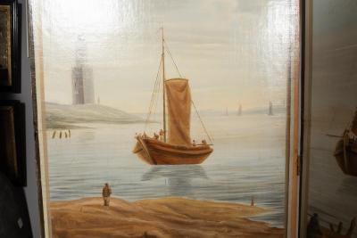 European Oil On Canvas Screen Of Land And Sea