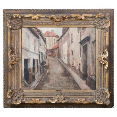 European Old Town Street Scene with Figure Oil Painting in Ornate Gilt Frame