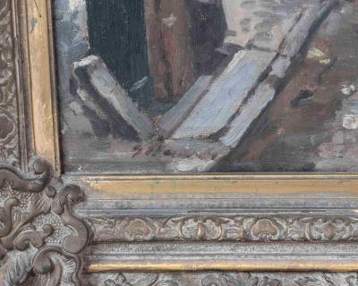 European Old Town Street Scene with Figure Oil Painting in Ornate Gilt Frame