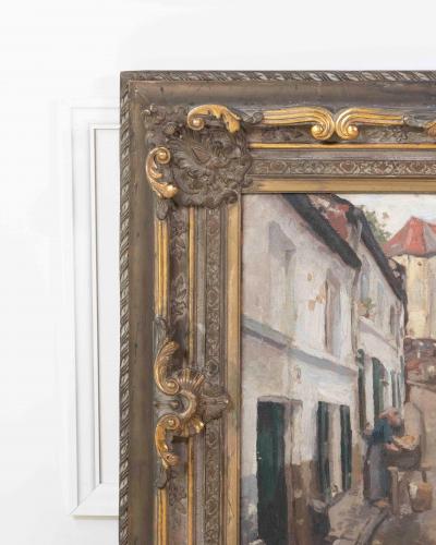 European Old Town Street Scene with Figure Oil Painting in Ornate Gilt Frame