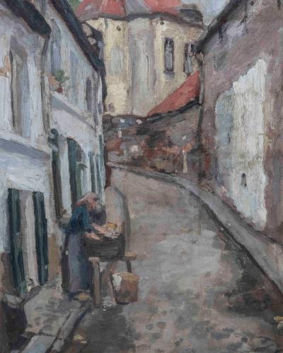 European Old Town Street Scene with Figure Oil Painting in Ornate Gilt Frame