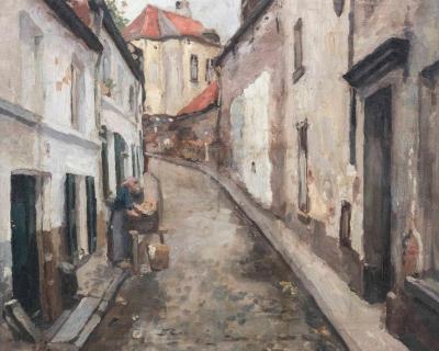 European Old Town Street Scene with Figure Oil Painting in Ornate Gilt Frame