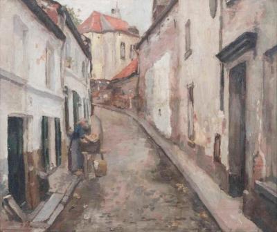 European Old Town Street Scene with Figure Oil Painting in Ornate Gilt Frame