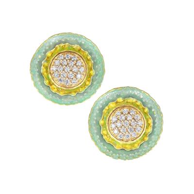 Eva Steinberg Internally Flawless White Diamond Opalescent Enamel Flower Stud Earrings