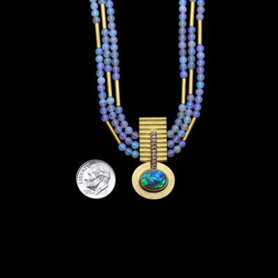 Eva Steinberg Lightning Ridge Black Opal White Diamond Opal Triple Strand 21k Gold Necklace
