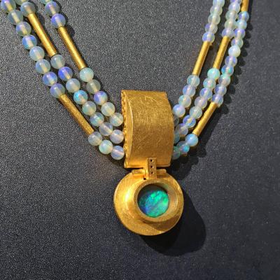 Eva Steinberg Lightning Ridge Black Opal White Diamond Opal Triple Strand 21k Gold Necklace