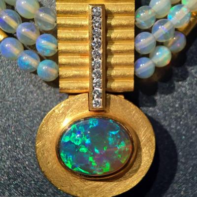 Eva Steinberg Lightning Ridge Black Opal White Diamond Opal Triple Strand 21k Gold Necklace