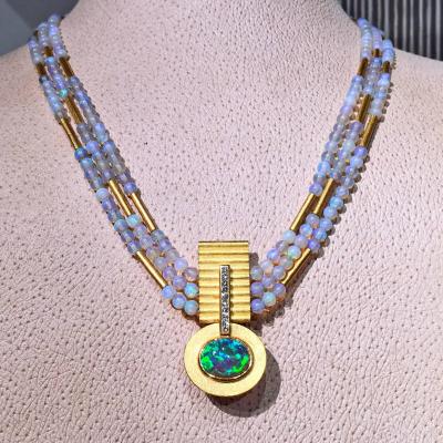 Eva Steinberg Lightning Ridge Black Opal White Diamond Opal Triple Strand 21k Gold Necklace