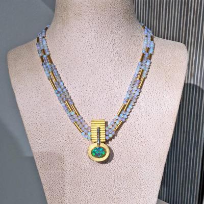 Eva Steinberg Lightning Ridge Black Opal White Diamond Opal Triple Strand 21k Gold Necklace