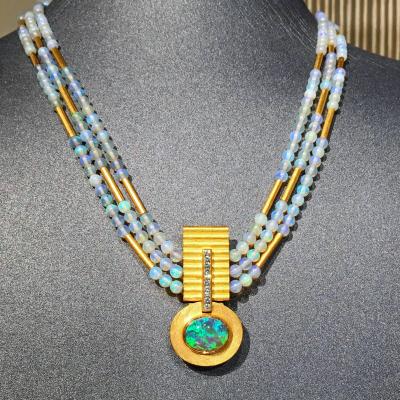Eva Steinberg Lightning Ridge Black Opal White Diamond Opal Triple Strand 21k Gold Necklace