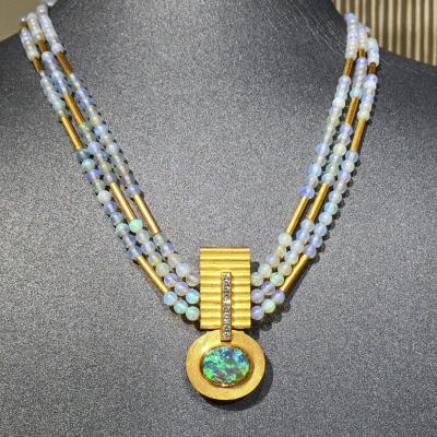 Eva Steinberg Phenomenal Lightning Ridge Black Opal Diamond White Opal Multistrand Necklace
