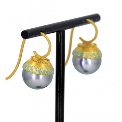 Eva Steinberg Tahitian Pearl Opalescent Enamel Flower Drop Yellow Gold Earrings Eva Steinberg
