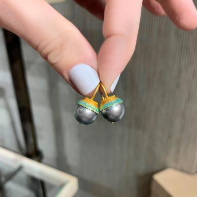 Eva Steinberg Tahitian Pearl Opalescent Enamel Flower Drop Yellow Gold Earrings Eva Steinberg