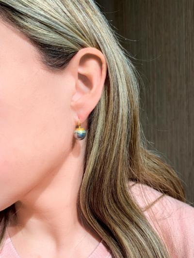 Eva Steinberg Tahitian Pearl Opalescent Enamel Flower Drop Yellow Gold Earrings Eva Steinberg