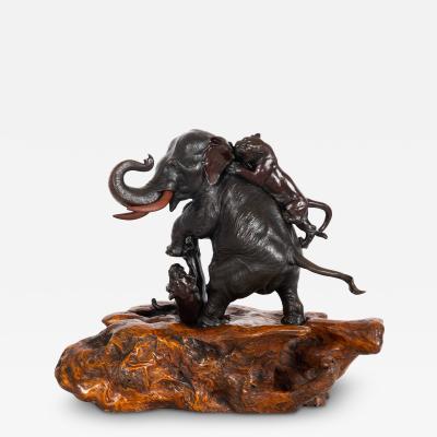 Exceedingly Fine Bronze Okimono of Elephant Attacked by Tigers