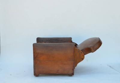 Exceptional Aged Leather French Art Deco Adjustable Club Chair